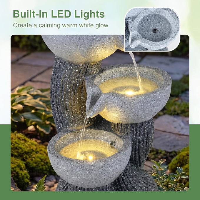 Giantex 3-Tier Outdoor Water Fountain with Lights, 18.5 Inch Cascading Bowls Tabletop Fountain with Pump, Resin Garden Waterfall Feature for Indoor Outdoor Patio, Yard, Porch Decor