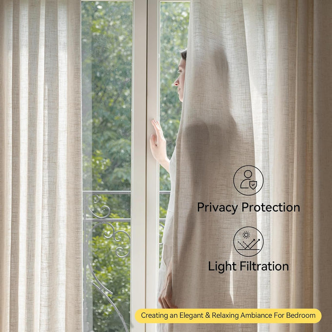 Liz Sheer Pinch Pleated Linen Curtains 95 Inches Long - Light Filtering Pleat Curtains for Living Room,Window Curtains for Bedroom, Luxury Pinch Pleated Drapes with Hooks, Natural, 2 Panels Set