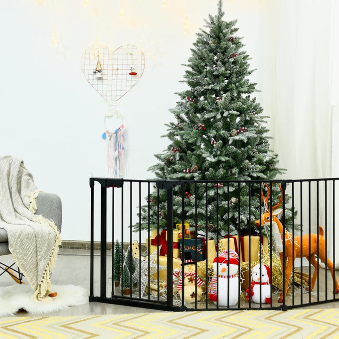 Costzon Baby Safety Gate, 121 Inch Length 5 Panel Adjustable Wide Fireplace Fence, BBQ Metal Fire Screen Gate, Pet Isolation Fence with Walk-Through Door, Freestanding Pets Gate