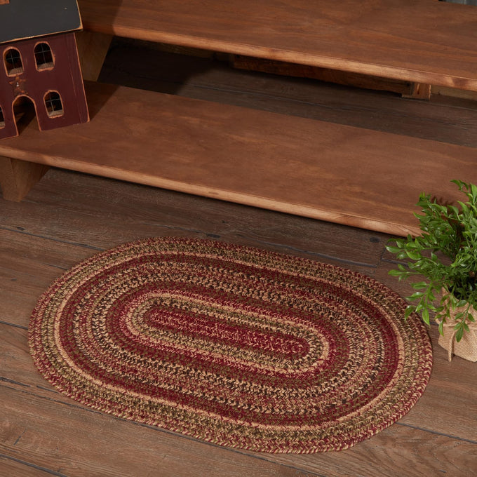 VHC Brands 69418 Cider Mill Jute Collection 27 x 48 Inch Country Braided Oval Entryway Area Rug with Non Slip Pad, Burgundy and Tan