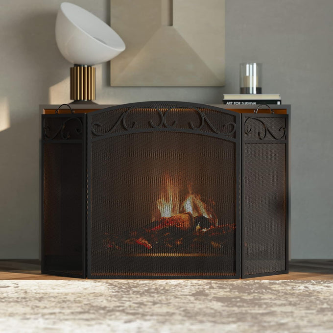 Fire Beauty 3 Panel Wrought Iron Fireplace Screen, Black Spark Guard