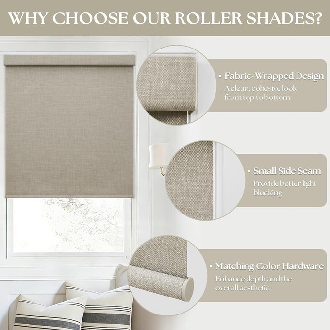 Blackout Roller Shades for Bedroom Window Cordless Free-Stop Blinds with Valance UV Protection 100% Black Out Linen Shades Blinds for Indoor Bathroom Windows Living Room Beige Oatmeal 34" W x 72" H