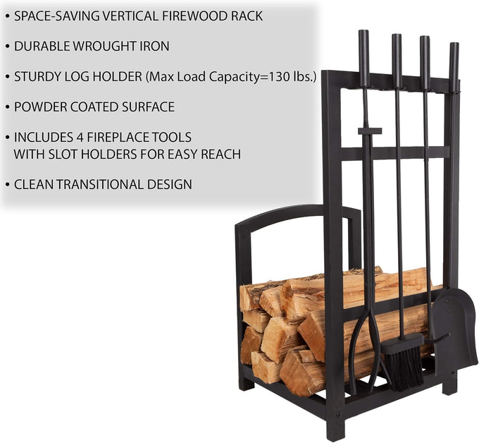 Lavish Home Fireplace Tool Set and Log Rack, Matte Black, 5-Piece-Set