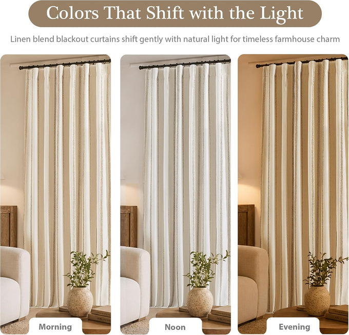DriftAway 100% Blackout Farmhouse Linen Chenille Stripe Drapes Camel Beige
