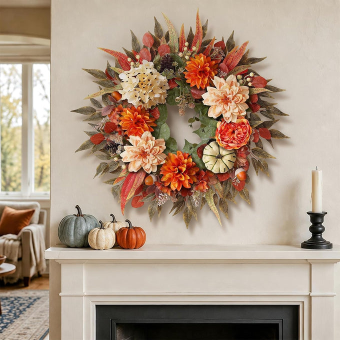 24"Artificial Silk Hydrangea Flower Dahlia Fall Wreath for Front Door Decor