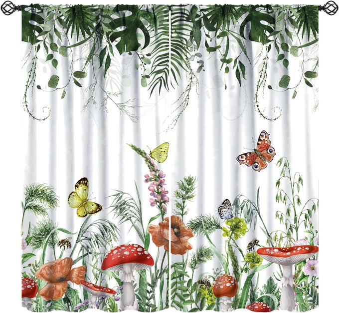 Vintage Botanical Curtains,Antique 1900s Plants Herbs Mushroom Blackout Window Drapes for Kitchen,Boho Retro Wildflower Green Leaf Ferns Farmhouse Window Treatment for Living Room 52x84in
