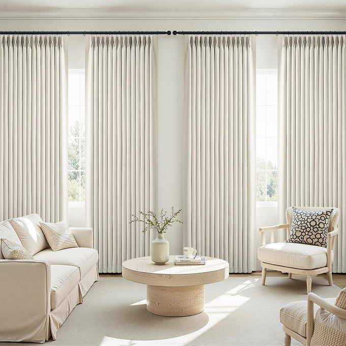 Topfinel 108 Inch Long Pinch Pleated Blackout Curtains for Living Room, Natural Linen Thick Linen Pleat Drapes for French Door Decoration, Cozy Rustic American Window Treatment Cream Beige 52"W*108"L