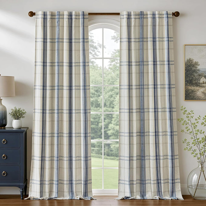 DriftAway 100% Blackout Plaid Linen Chenille Curtains 90 Inches Black