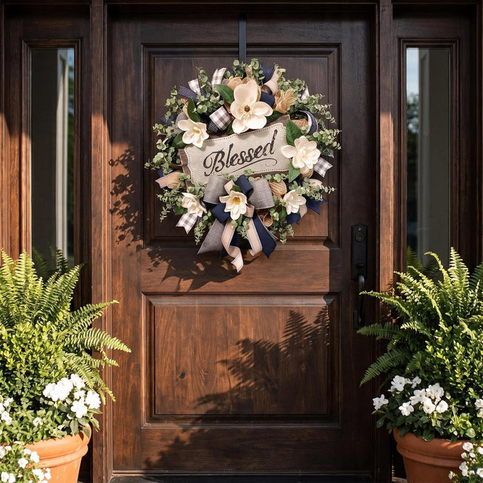 Spring Summer Wreath for Front Door,Farmhouse White Floral Porch Decor