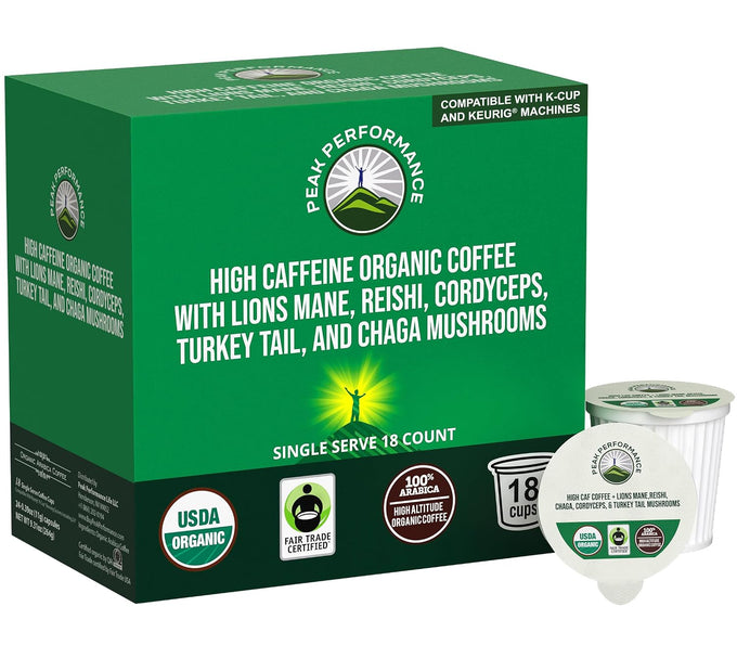 Peak Performance Organic Coffee Pods. Compatible w/K-Cup + Keurig Machines