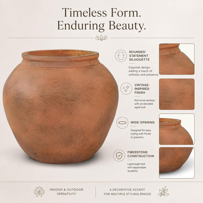14" H x 17" Dia Distressed Terracotta Fiberstone Planter with Drainage Hole, Lightweight Flower Pot for Olive Trees & Houseplants, Indoor Outdoor Patio, Porch, Garden & Entryway Décor