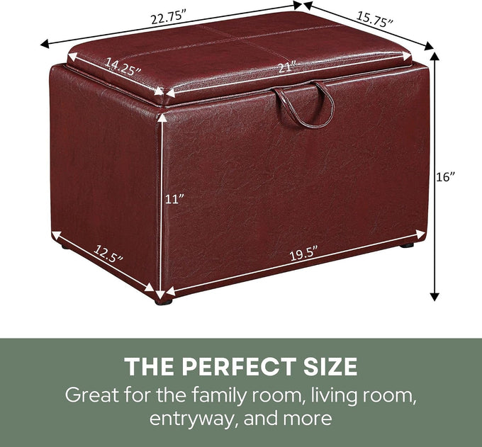 Convenience Concepts Designs4Comfort Accent Storage Ottoman 22.75" - Modern Foot Stool with Decorative Tray for Living Room, Dining Room, Office, Burgundy Faux Leather
