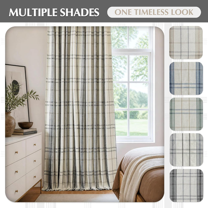 DriftAway 100% Blackout Plaid Linen Chenille Curtains 90 Inches Black