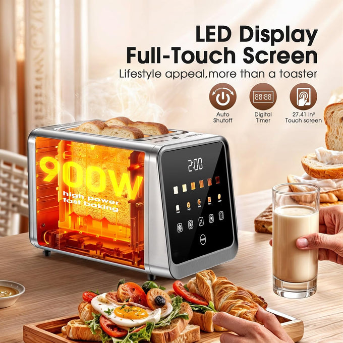 Smart Toaster 2 Slice with Touchscreen, 900W Stainless Steel Wide Slot 1.5 Inch, BreadID Tech Live Countdown Timer, Memory Function, Defrost Reheat for Bagel Waffle Bread, Kitchen Essentials