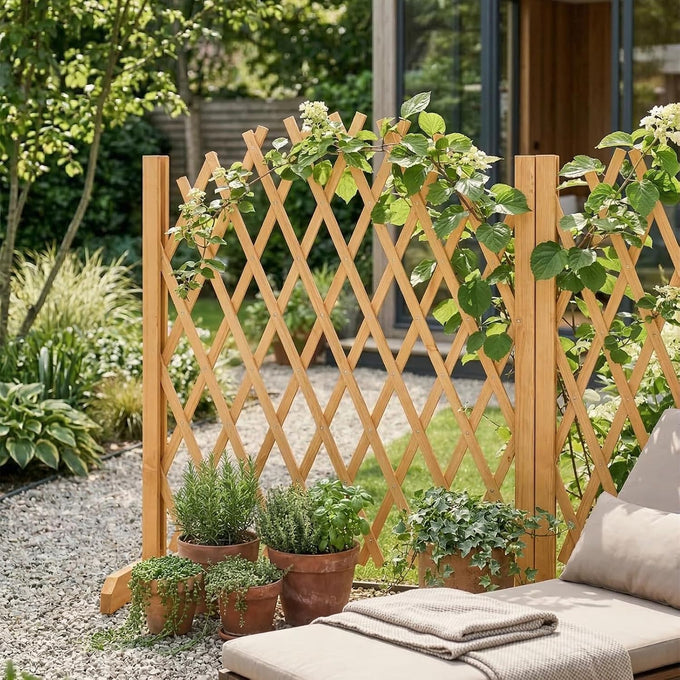 VINGLI 2Pcs Expandable Garden Fence with Arched Top, 31.5in Freestanding Lattice Fence, Solid Wood Retractable Trellis, Instant Room Divider, Extentable Pet Gate for Home Patio Yard (Teak)
