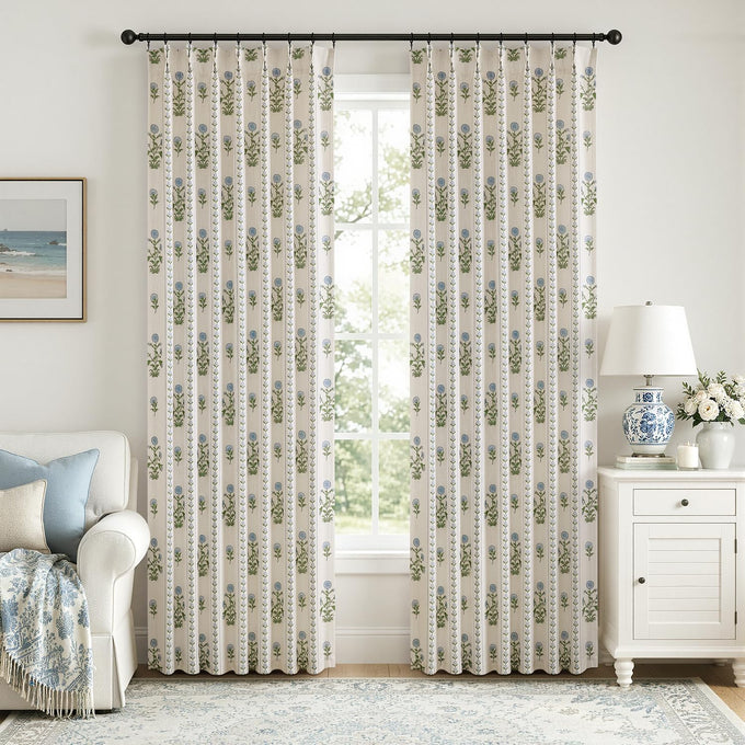 Floral Pinch Pleated Linen Curtains,Blue & Beige White,40" W x 96" L