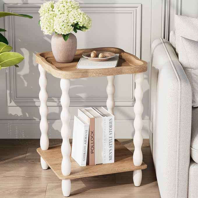 karlott Round Side Table, 2-Tier Farmhouse End Tables Living Room, Beige