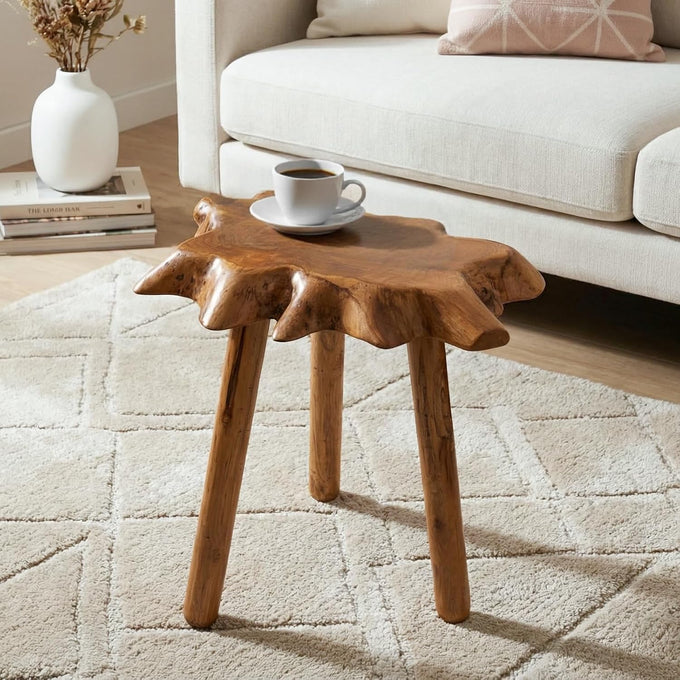 Natural Teak Wood Live Edge Side Table with Wood Legs – Rustic Side Table for Living Room, Bedroom – Sturdy Real Teak Wood End Table, Easy to Assemble (18" x 20" x 20")