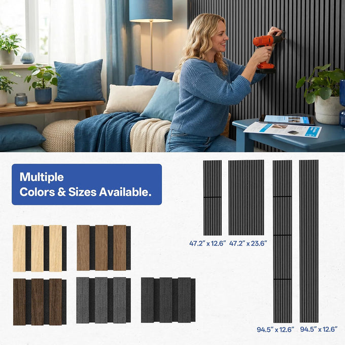 PIWA Acoustic Wall Panels 47"x12" 4 Pack, Wood Slat MDF Core, Matte Black