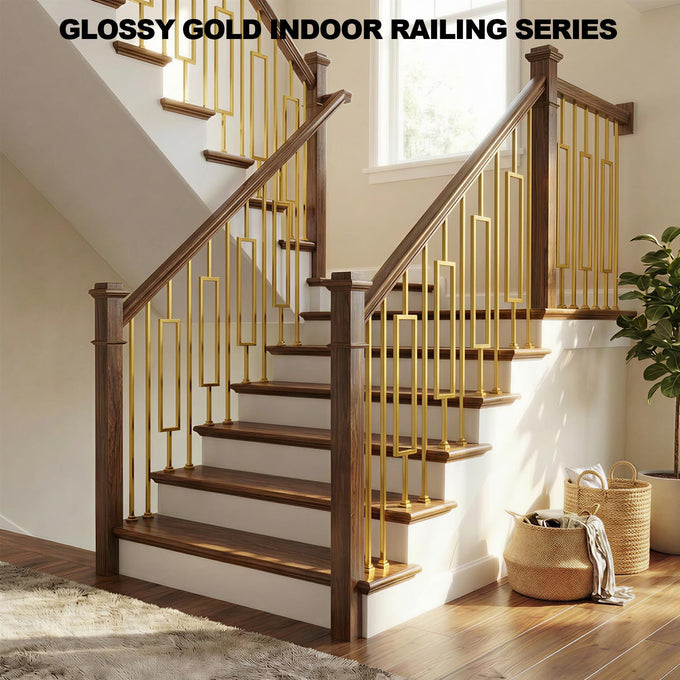 Glossy Gold Wrought Iron Stair Plain Balusters for Interior, 1/2" X 44" Square Metal Spindles for Stairs, Upgrade and Decorate Stairs (10)