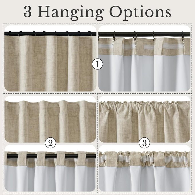 NICETOWN Farmhouse Linen Textured 100% Blackout Beige Curtains, Rustic 3-in-1 Header (Hooks/Tabs/Pocket) Thermal Drapes Room Darkening Window Treatments for Bedroom, 2 Panels, 52" W x 108" L