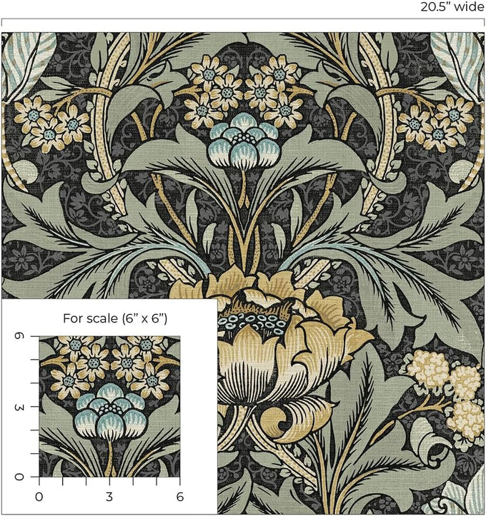 Acanthus Floral Vintage Prepasted Wallpaper (Charocal & Goldenrod)