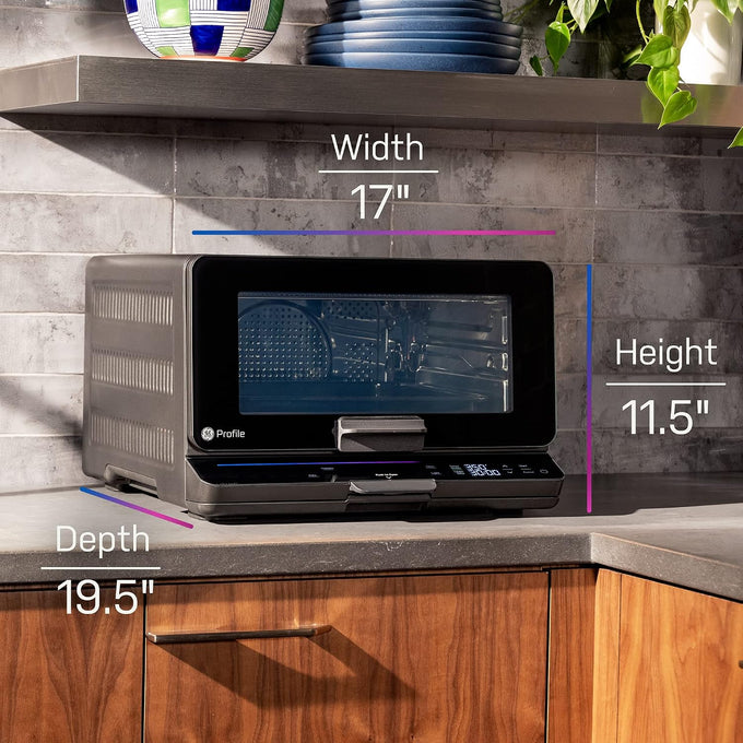 GE Profile Smart Oven with No Preheat, 11-in-1 Countertop Oven including Air Fry, Warm, Toast, Broil, Roast, Pastry, Reheat, and more, WiFi and Smart Connected, Black