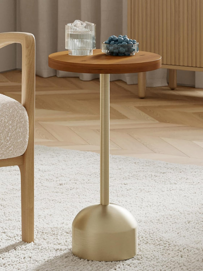 Round Metal Drink Table with Black Top and Faux Marble Base – Small Pedestal Side Table for Living Room, Bedroom, or Office – Modern Black Round Cocktail Table, Easy Assembly, Scratch-Resistant