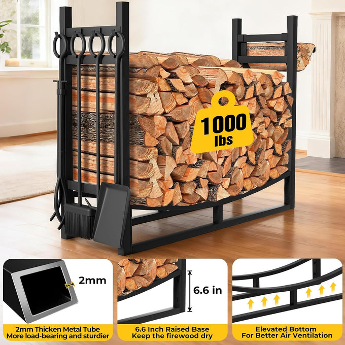 AMAGABELI GARDEN & HOME 31in Large Firewood Rack With Fireplace Tools Set Wrought Iron Indoor Outdoor Kindling Log Holder Heavy Duty Wide Wood Storage Log Rack Accessories Shovel Poker Tongs Broom