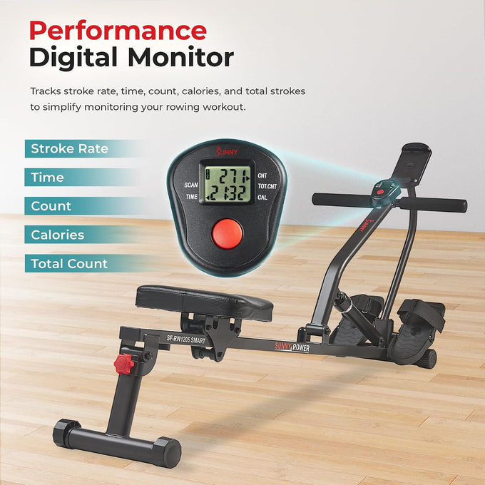 Sunny Health & Fitness Compact Hydraulic Rower with 12-Level Resistance