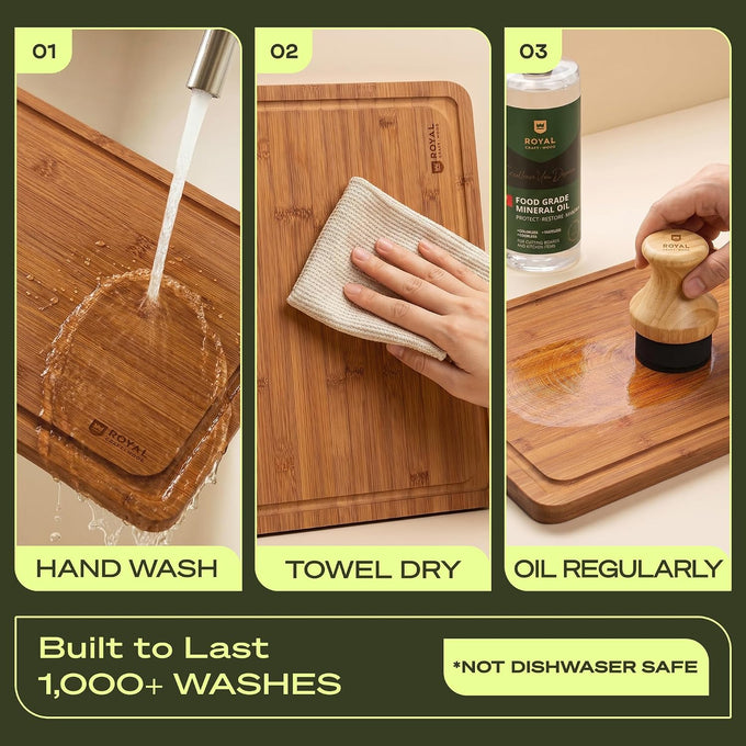 ROYAL CRAFT WOOD Wooden Cutting Boards for Kitchen Meal Prep & Serving - Bamboo Non Toxic Cutting Board Set with Deep Juice Groove Side Handles - Charcuterie & Chopping Butcher Block for Meat (3 Pcs)