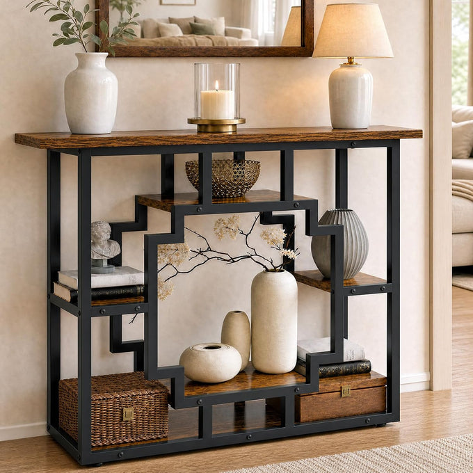 HavenlyYouth 41.3 Inch Entryway Table, Narrow Console Table Behind Couch, Accent Sofa Table with Storage Shelves for Hallway, Entrance, Foyer, Living Room, Rustic Brown