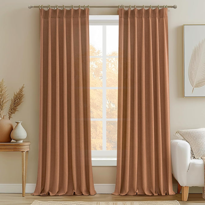 PleatedDrapes Light Filtering Primitive for Living Room, Thick Linen Semi Sheer Curtains 96 Inches Long 2 Panels Set Rustic Country Oatmeal Beige Curtains Patio Door Window Drapes Window Treatments