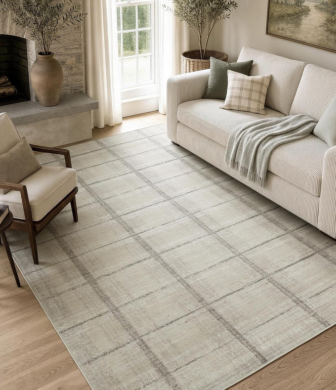 YIHOUSE 5x7 Beige Ivory Distressed Plaid Area Rug for Living Room