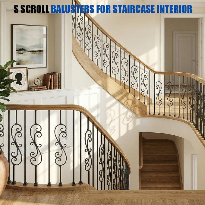 5 Pack 44" Iron S Scroll Balusters for Staircase Interior, 1/2" Hollow Stair Balusters, Matte Black Metal Balusters, Easy to Cut & Install