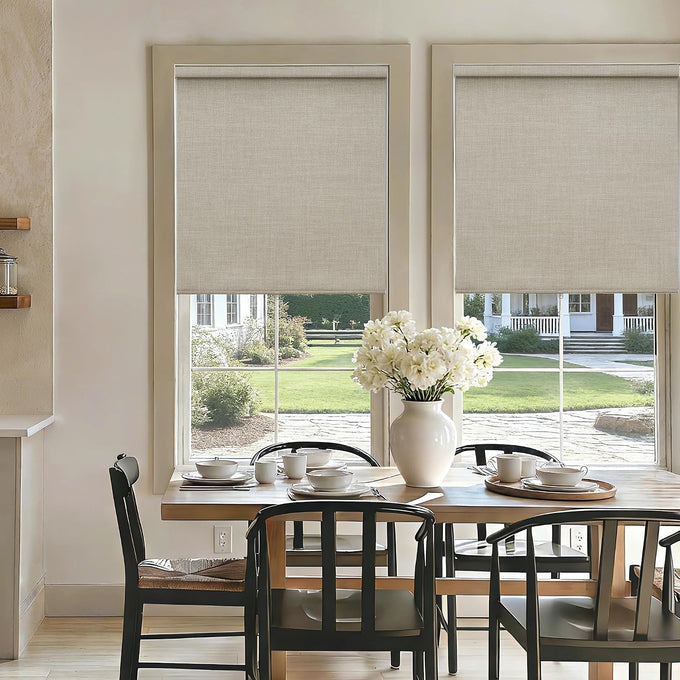 Blackout Roller Shades for Bedroom Window Cordless Free-Stop Blinds with Valance UV Protection 100% Black Out Linen Shades Blinds for Indoor Bathroom Windows Living Room Beige Oatmeal 34" W x 72" H