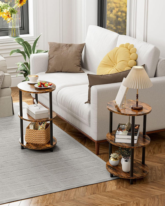 Small Round Side Table - 3-Tier Oval Accent Table for Small Spaces, Rustic Wood and Metal Couch End Table, Nightstand for Bedroom or End Table Living Room, Set of 2, Rustic Brown