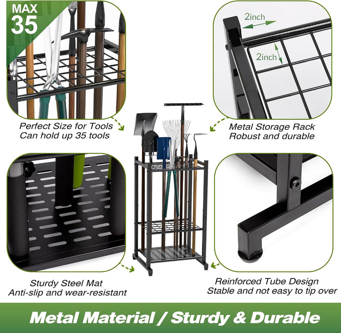 Garden Tool Organizer, Garage Tool Organizer & Garage Organization, Heavy Duty Steel Tool Storage Rack Holds 35 Rakes, Brooms Tools, Broom Holder and Mop Holder, Shed Organizer for Home Organization