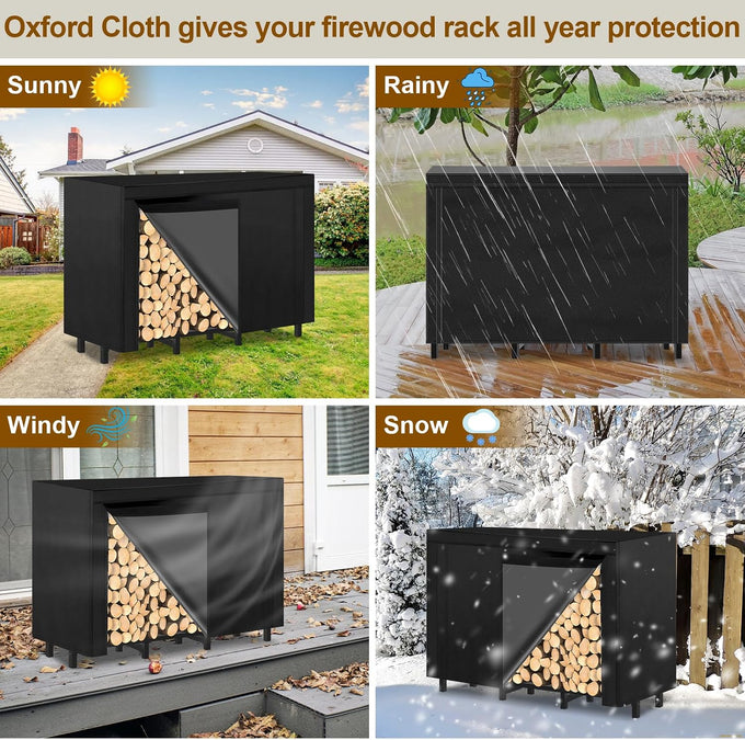 4FT Outdoor Firewood Rack, Wood Storage with 600D Waterproof Oxford Cover Heavy Duty 8 Legs Firewood Log Holder Indoor with Log Carrier, Gloves, and Kindling Hooks for Fireplace Patio Deck Wood Rack