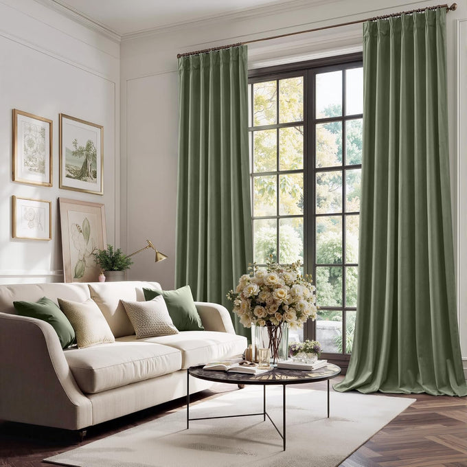 StangH Sage Green Pinch Pleat Velvet Curtains 96 Inches Long 2 Panels