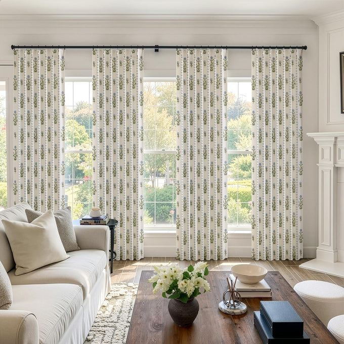 Floral Pinch Pleated Linen Curtains,Blue & Beige White,40" W x 96" L