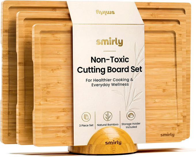 SMIRLY Cutting Boards for Kitchen, 3 Piece Bamboo Cutting Board with Stand