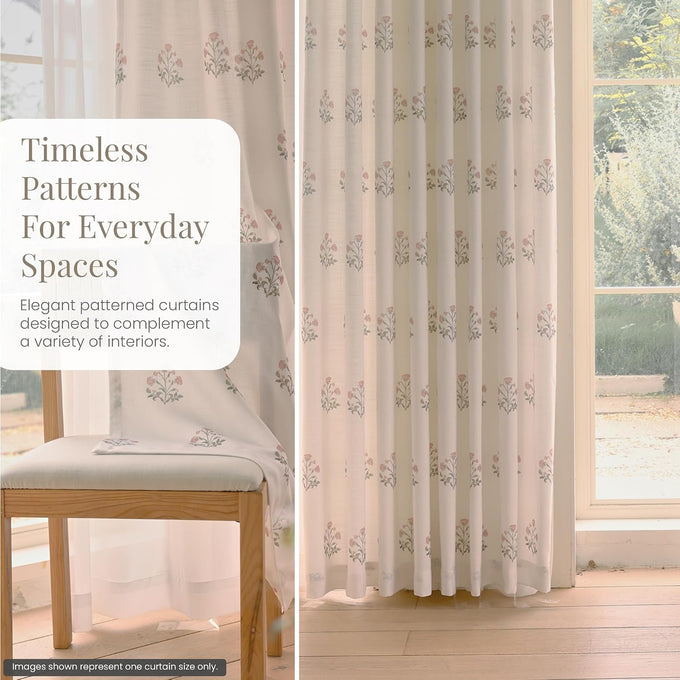 DrapePalette - Linen Blend Pinch Pleated Curtains 96 Inches Long for Living Room, Bedroom, Dining Room, Light Filtering Curtains 2 Panels Set, Modern Floral Printed Design, Beige White, 30" W x 96" L