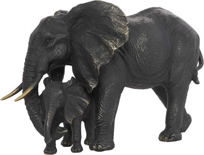 Deco 79 Resin Elephant Decorative Sculpture Walking Home Decor Statue with Dark Brown Deer, Accent Figurine 20" x 6" x 11", Black