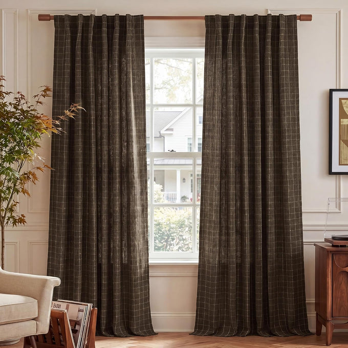 NICETOWN Plaid Jacquard Brown Bedroom Curtains, Rod Pocket & Back Tab Geometric Pattern Thick Wovern Mudcloth Rustic Farmhouse Window Drapes for Home Decor, W52 x L96, 2 Panels