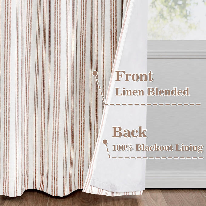 MYSKY HOME Taupe Striped Linen Curtains 100% Blackout 52Wx84L,2 Panels