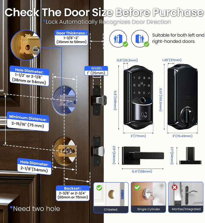 Veise VE027-L WiFi Smart Lock with Handles Set for Front Door, Matte Black