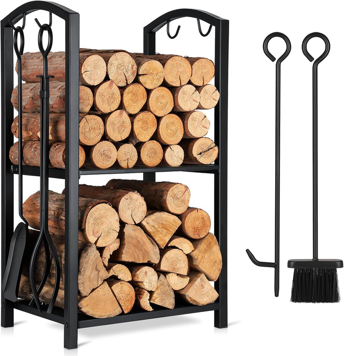 FEED GARDEN 29" Firewood Rack with 4-Piece Fireplace Tools, Indoor Outdoor