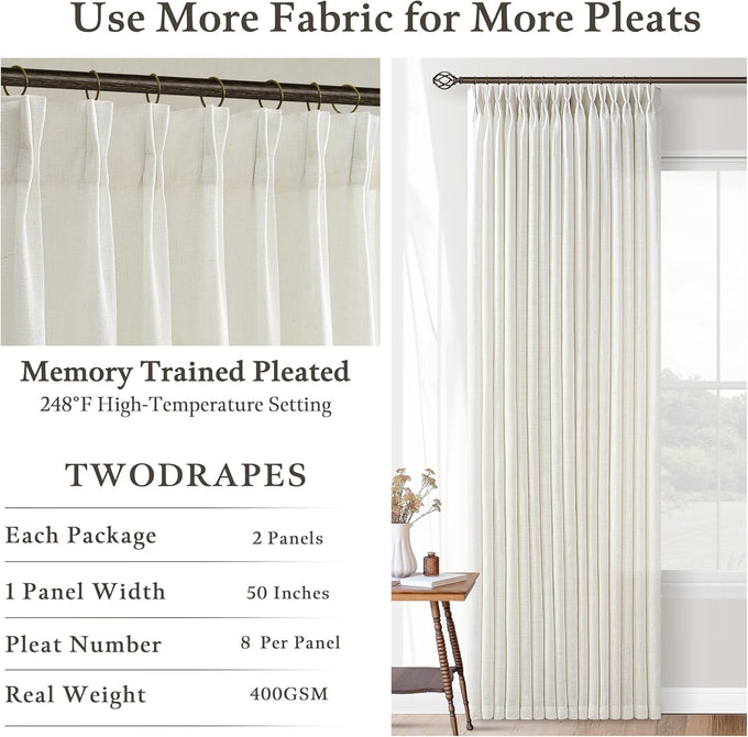 Natural Pinch Pleated Linen Blend Semi Sheer Window Curtains 90 Inches Long