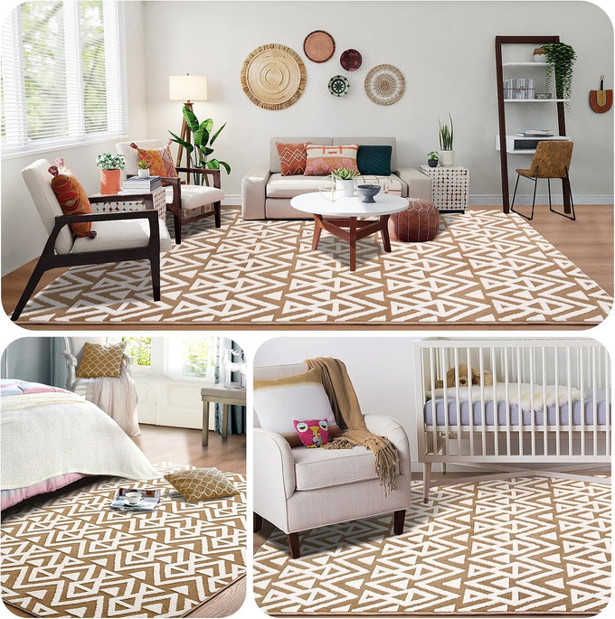 Ompaa Ultra Soft Shaggy Rugs Memory Foam Bedroom Carpet, Beige 7 x 10 Feet Large, Plush Geometric Textured Area Rugs for Living Room Couch Dorm Bedside Kids Girls Teens Room Nursery Decor Floor Mat